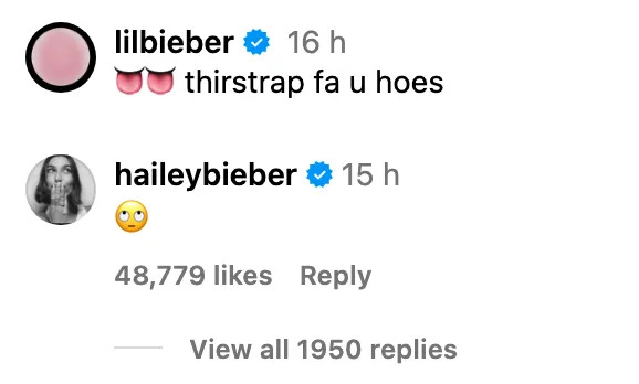 Social media post with interactions; a user, "lilbieber," posts suggestively, and "haileybieber" reacts with a rolling eyes emoji
