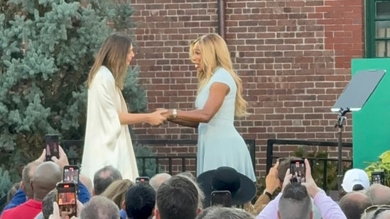 Serena Williams inducts Maria Sharapova into the International Tennis Hall of Fame.
