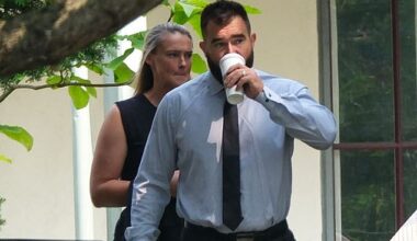 A somber Jason and Kylie Kelce were seen arriving at the funeral of his father's partner