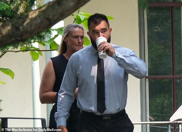 A somber Jason and Kylie Kelce were seen arriving at the funeral of his father's partner