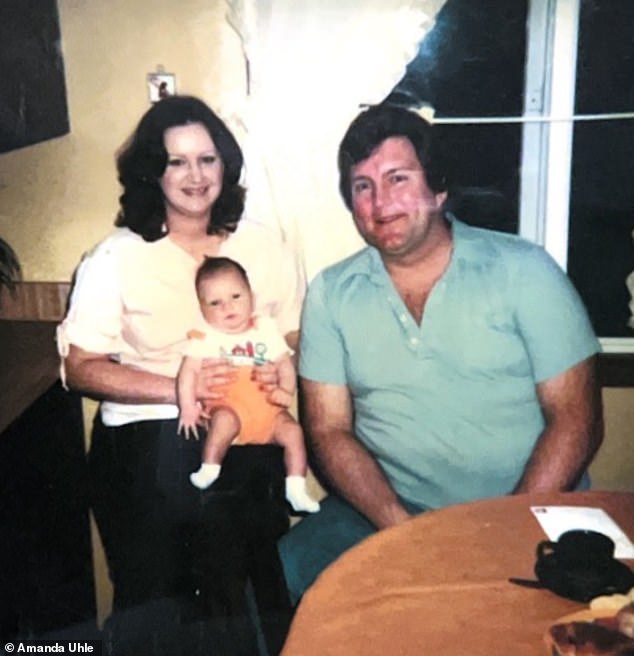Uhle describes her father, Stephen,(pictured with her mother and Uhle as a baby) as a wheeler dealer type, who worked as a cleaning products salesman before hawking books door-to-door, selling real estate, then entering a Lutheran seminary as a pastor