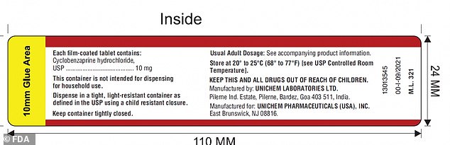 The above shows a label for Cyclobenzaprine Hydrochloride tablets