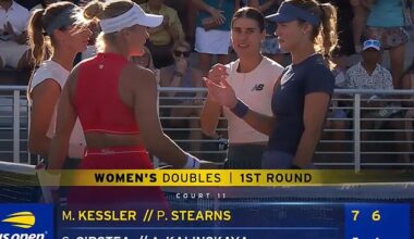 Russian star Anna Kalinskaya (right) was unhappy with her American US Open doubles rivals