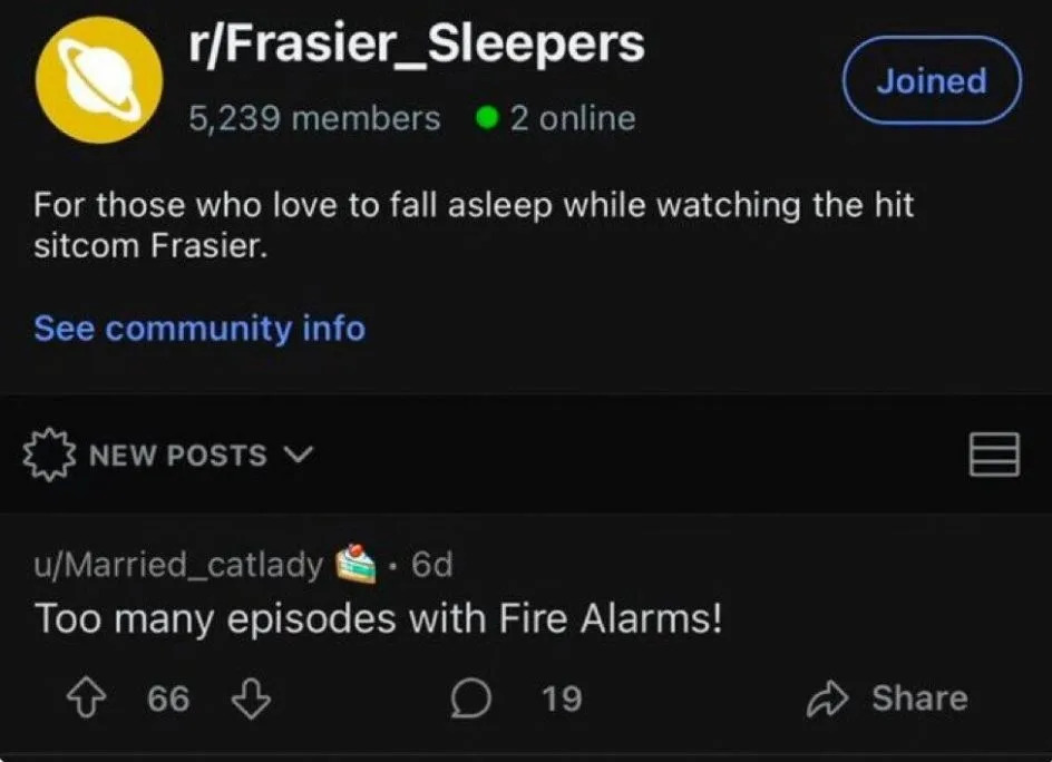 Screenshot of a subreddit titled "r/Frasier_Sleepers," with a post joking about frequent fire alarm episodes