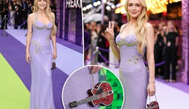 Lindsay Lohan rocks mini guitar purse on 'Freakier Friday' UK premiere red carpet