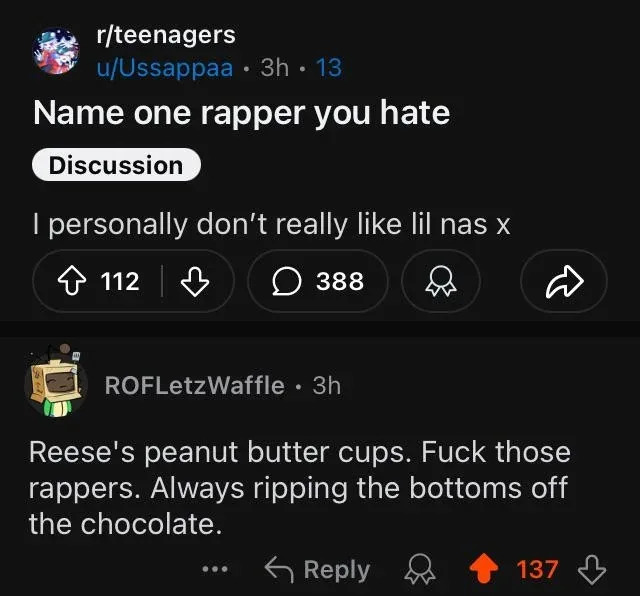 Reddit post where a user dislikes rapper Lil Nas X, and another humorously responds about peanut butter cups, jokingly calling them "rappers."