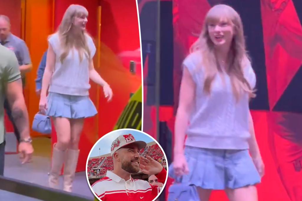 Taylor Swift pairs her new engagement ring with a pleated skirt at Nebraska vs. Cincinnati game