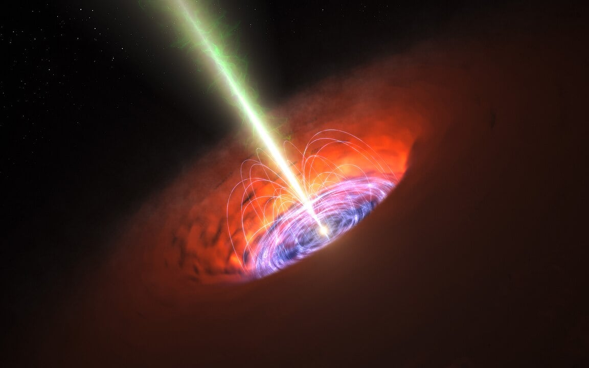 An artist's conception of a supermassive black hole surrounded by an accretion disk and emitting a relativistic jet (Credit : ESO)