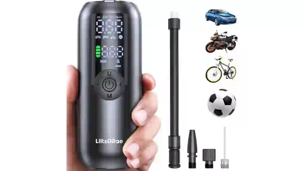 Electric Air Compressor Portable Bike Pump Car Tire Inflator, Max 150 PSI, Auto Shut-Off Air Pump with Presta and Schrader Valves for All Bicycles Motorcycles Balls and Cars