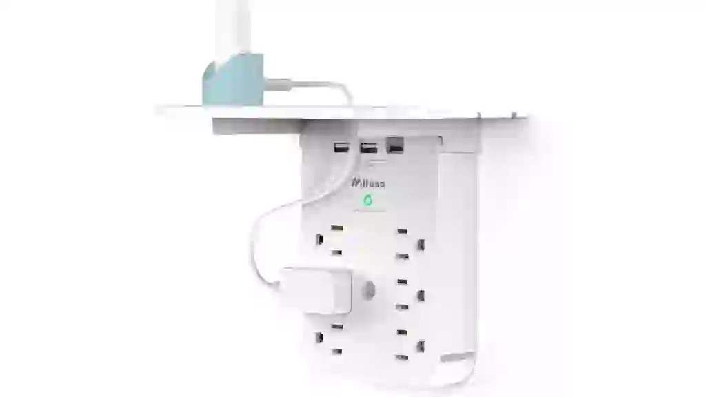 Wall Outlet Extender with Surge Protector, 6 AC Outlets, Shelf, 2 USB & USB C Charging Ports - Home & Dorm Plug Expander