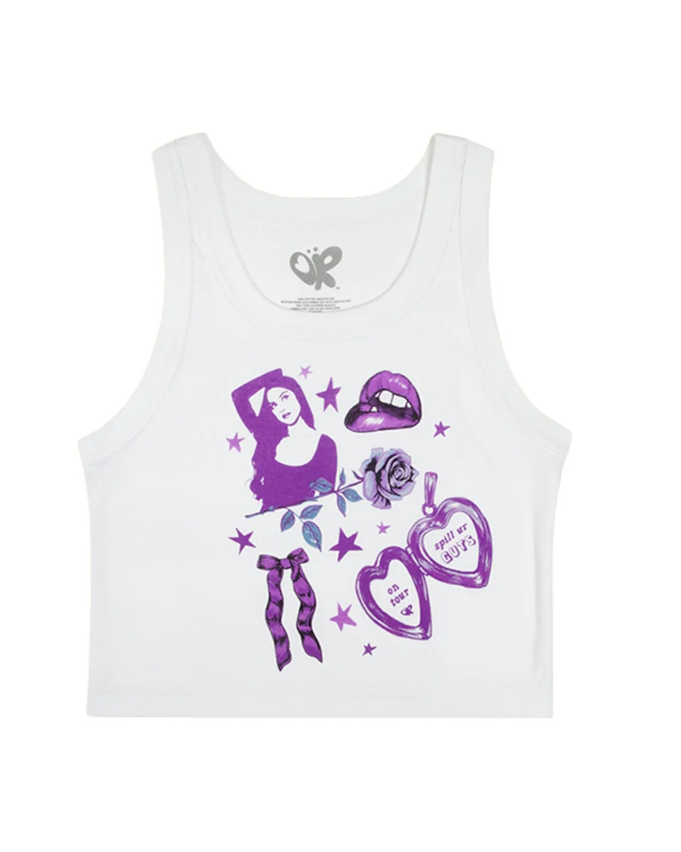 spill ur GUTS on tour crop tank in white