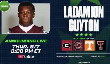 Edge LaDamion Guyton, No. 4 player in 2027, committing live on 247Sports and CBS Sports on Thursday