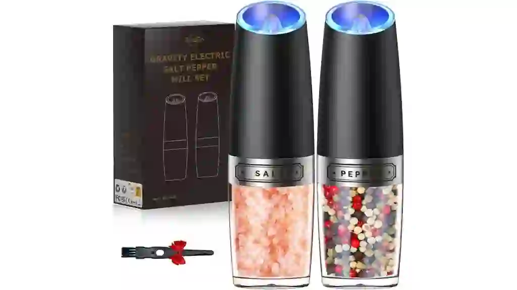 Sangcon Gravity Electric Salt and Pepper Grinder Set Automatic Shakers Mill Grinder with LED Light, BATTERY POWERED Adjustable Coarseness One Hand Operation, Upgraded Larger Capacity