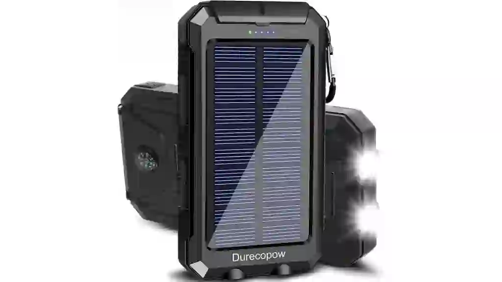 Solar Charger Power Bank, 20000mAh Portable Outdoor Waterproof Solar Battery Charger, Camping External Backup Battery Pack USB C Ports Input/Output, 2 Led Light Flashlight with Compass (Black)