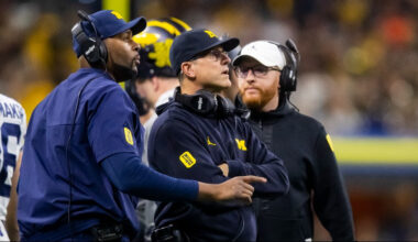 Jim Harbaugh and Sherrone Moore