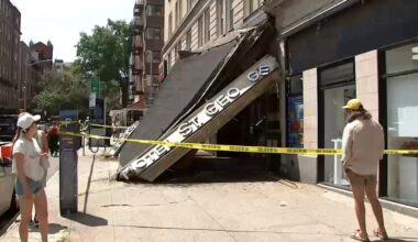 Brooklyn hotel marquee crashes down in front of subway entrance; trains skipping Clark Street stop