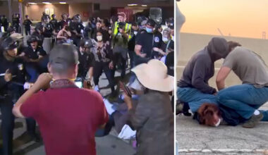 Demonstrators in downtown Los Angeles demand the release of nurse taken into federal custody in San Pedro