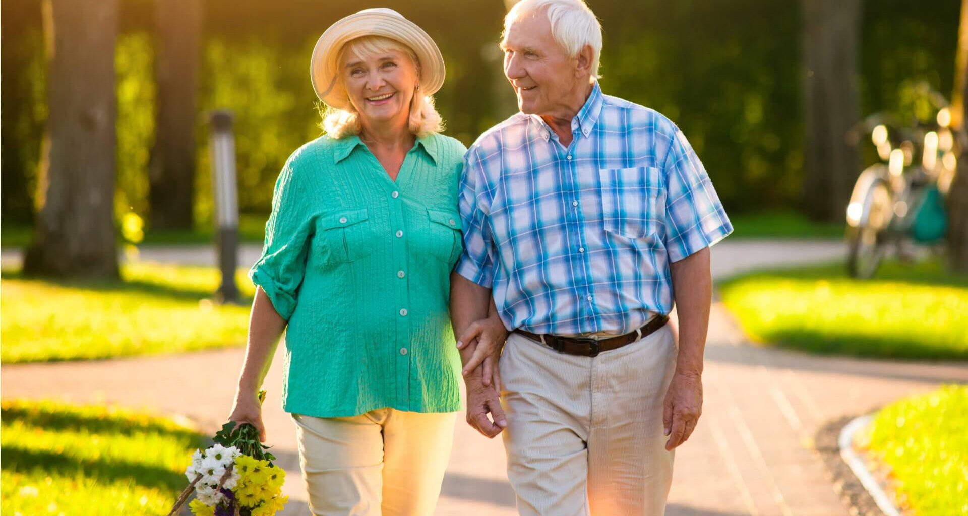 happy senior couple walking in park, retirement