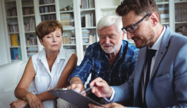 Senior couple speaking with a financial advisor about finances, retirement, investments and more.