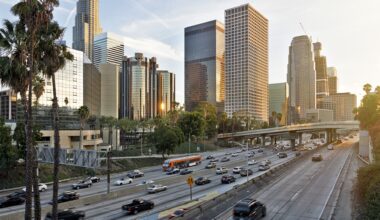 Downtown Los Angeles in the early evening with commute traffic in stock photo.