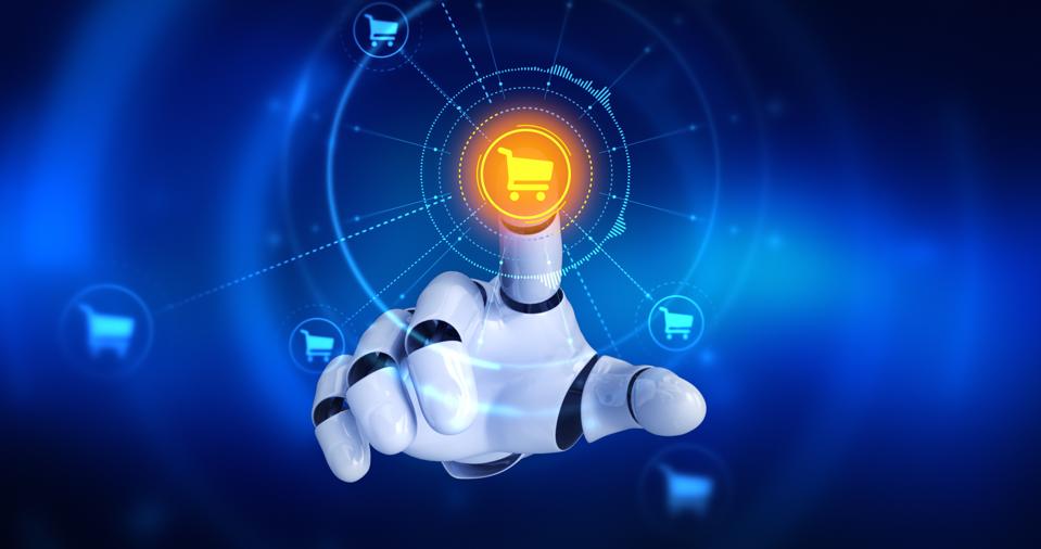 Robot hand touching on screen then shopping cart symbols appears