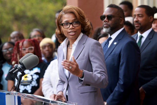 Chicago Public Schools CEO Macquline King speaks, along with Mayor Brandon Johnson, during an announcement of a historic expansion of Sustainable Community Schools at the South Shore Cultural Center, Aug. 4, 2025. (Antonio Perez/Chicago Tribune)