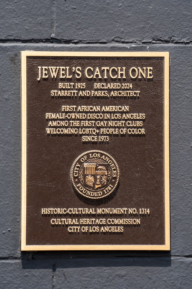 A plaque recognizing Jewel’s Catch One as a newly designated...
