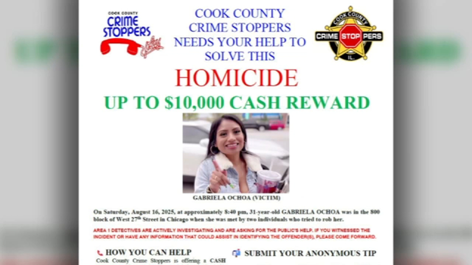 Bridgeport, Chicago shooting: $10,000 reward offered after Gabriela Ochoa shot, killed during armed robbery on West 27th Street