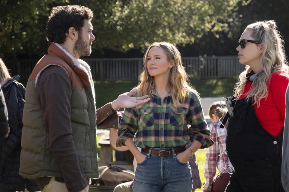 Adam Brody, Kristen Bell and Erin Foster on the set of "Nobody Wants This"