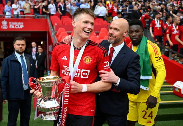 Scott McTominay of Manchester United and Erik ten Hag, Manager of Manchester United, celebrates with the Emirates FA Cup Trophy after his team's victory after the Emirates FA Cup Final match between Manchester City and Manchester United