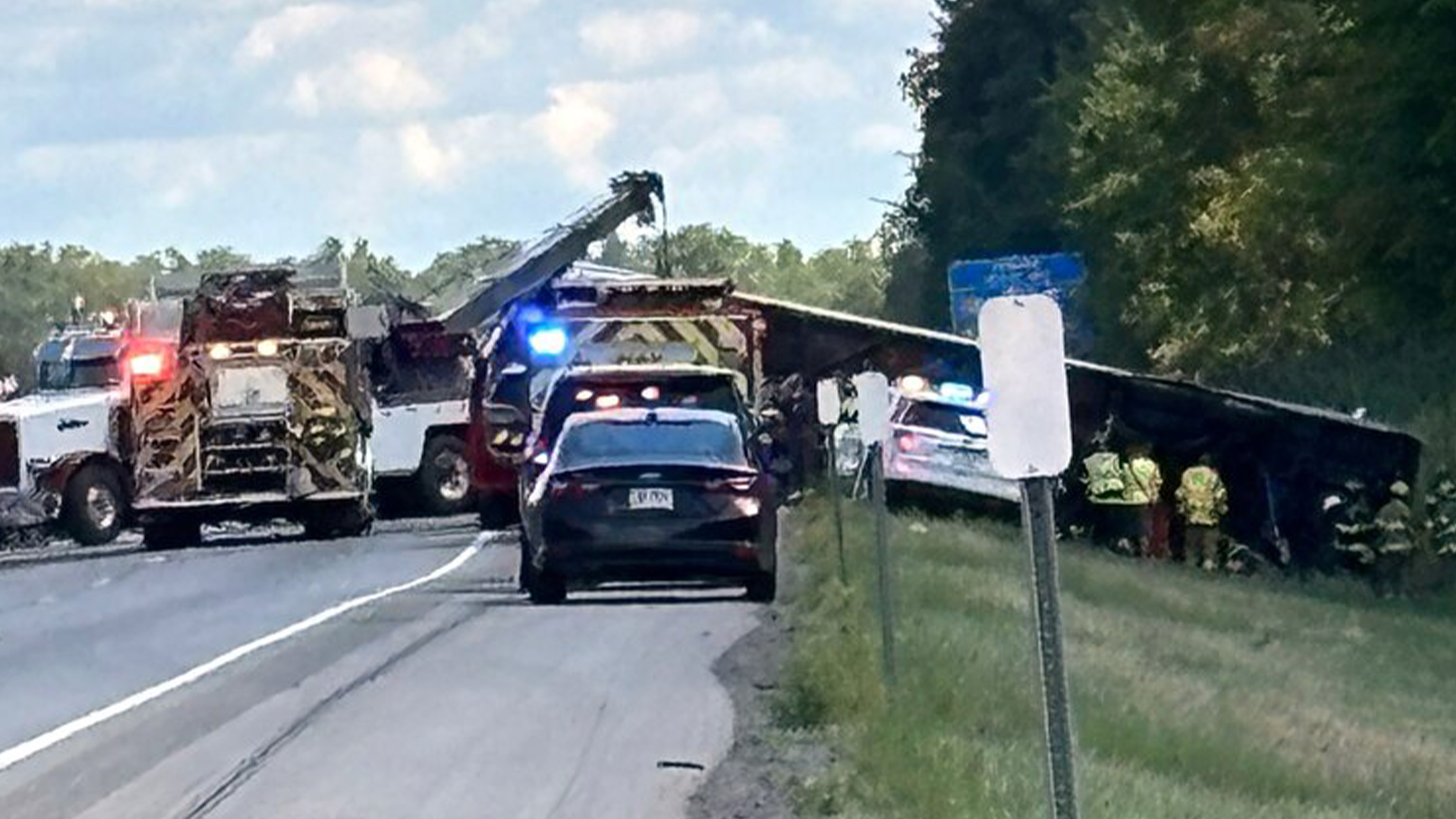 A bus crashed on I90 E near Pembroke, NY, on Aug. 22, 2025.