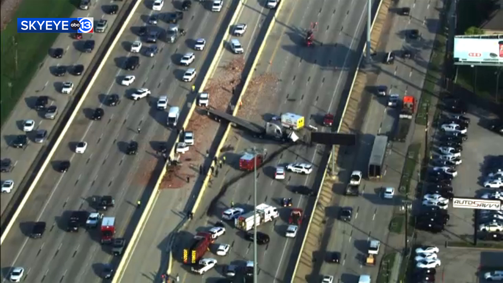 Houston traffic: 18-wheeler hits median on US-290, causing complete closure on westbound lanes near West Road