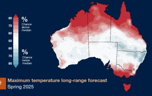 A map showing the expected long-forecast maximum temperatures for spring 2025. 