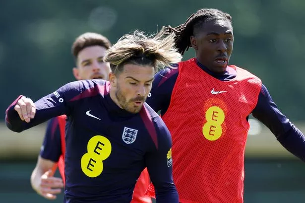 Jack Grealish and Eberechi Eze of England train during a training session at Rockliffe Park