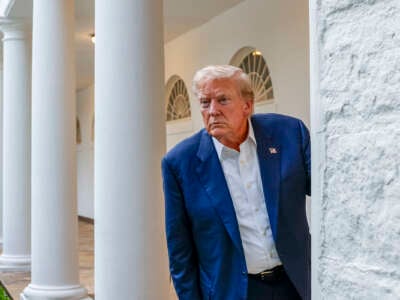 U.S. President Donald Trump speaks to press near the Rose Garden on July 29, 2025.