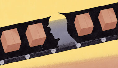 Illustration of a conveyor belt moving parcels with a cut-out in the middle in the shape of a worker with a hard hat on