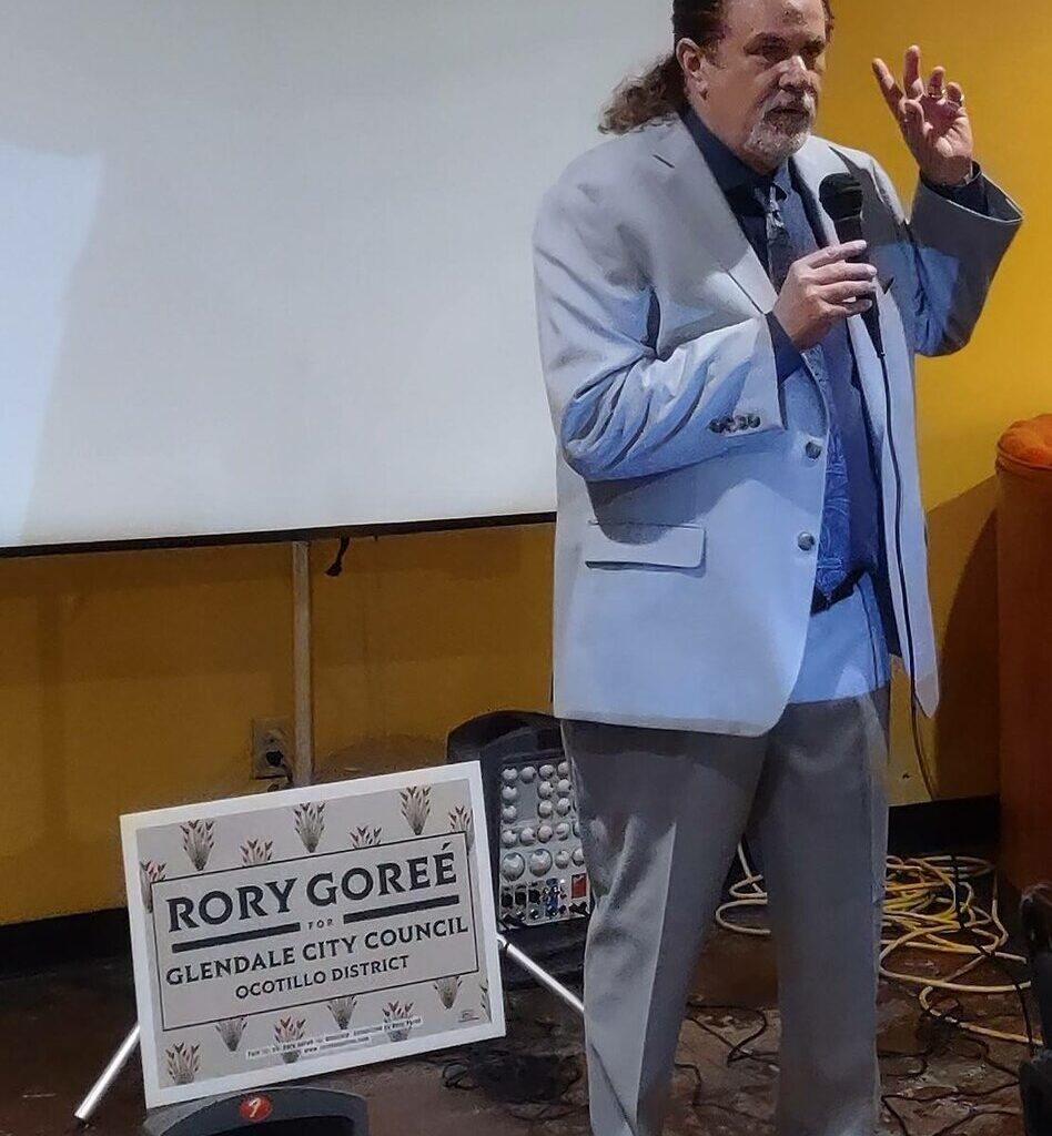 Glendale resident Rory Goree speaks after announcing his candidacy on Aug. 14 at Bitzee Mama;s restaurant. Goree is running for the Ocotillo District seat.