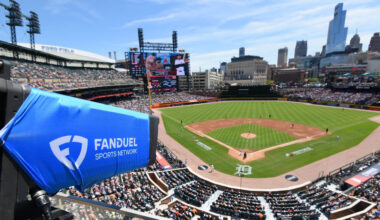 A detailed view of a FanDuel TV camera in the upper deck during the game between the San Francisco Giants and the Detroit Tigers at Comerica Park, USA.
