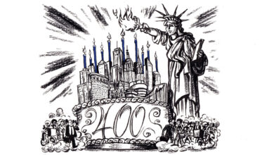 Illustration of the statue of liberty lighting the candles on a giant birthday cake that is covered in New York buildings with 400 written below