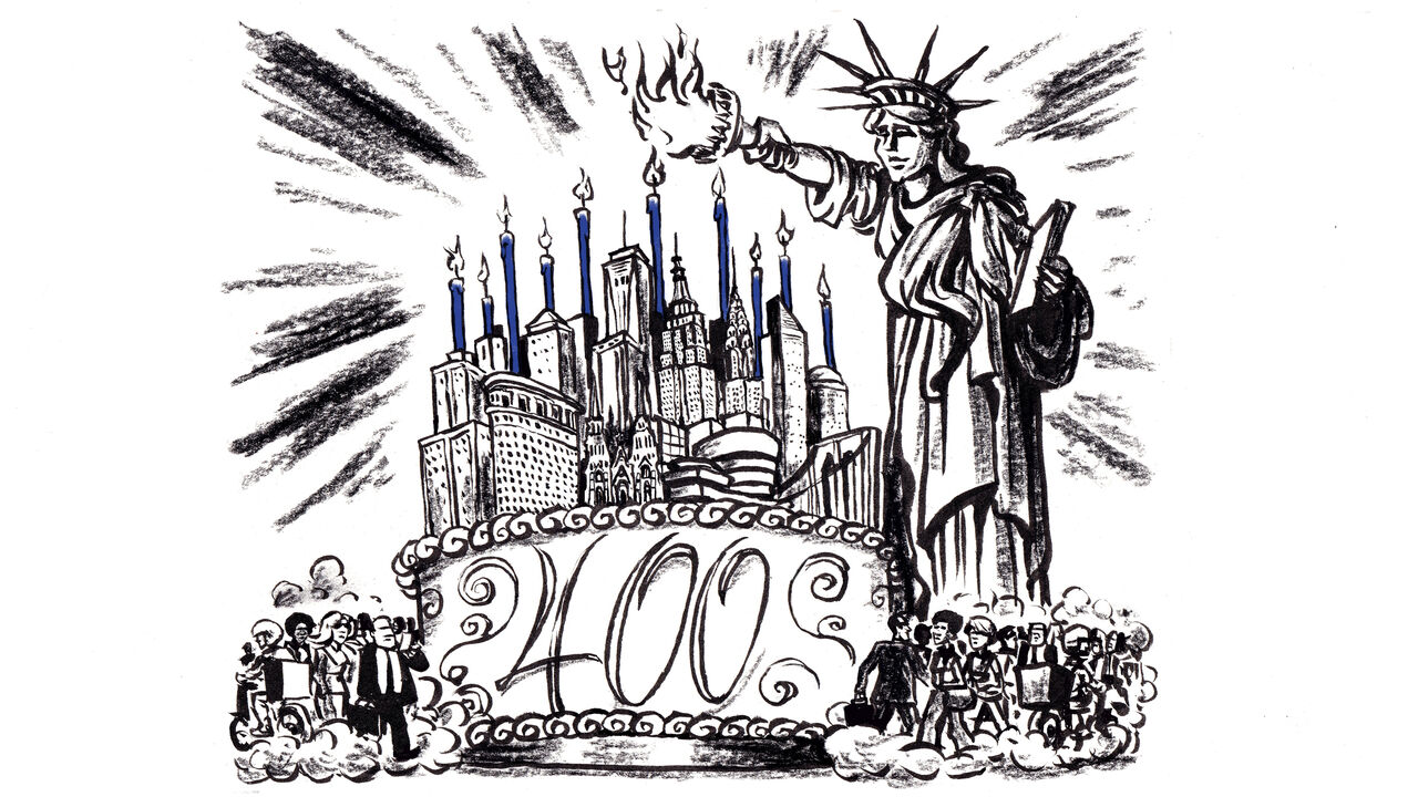 Illustration of the statue of liberty lighting the candles on a giant birthday cake that is covered in New York buildings with 400 written below