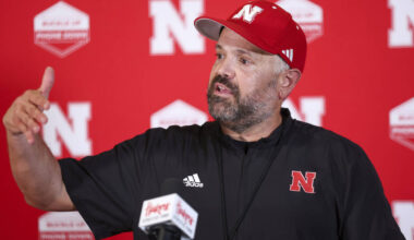 Nebraska football head coach Matt Rhule speaks during a news conference, Saturday, Aug. 12, 202 ...