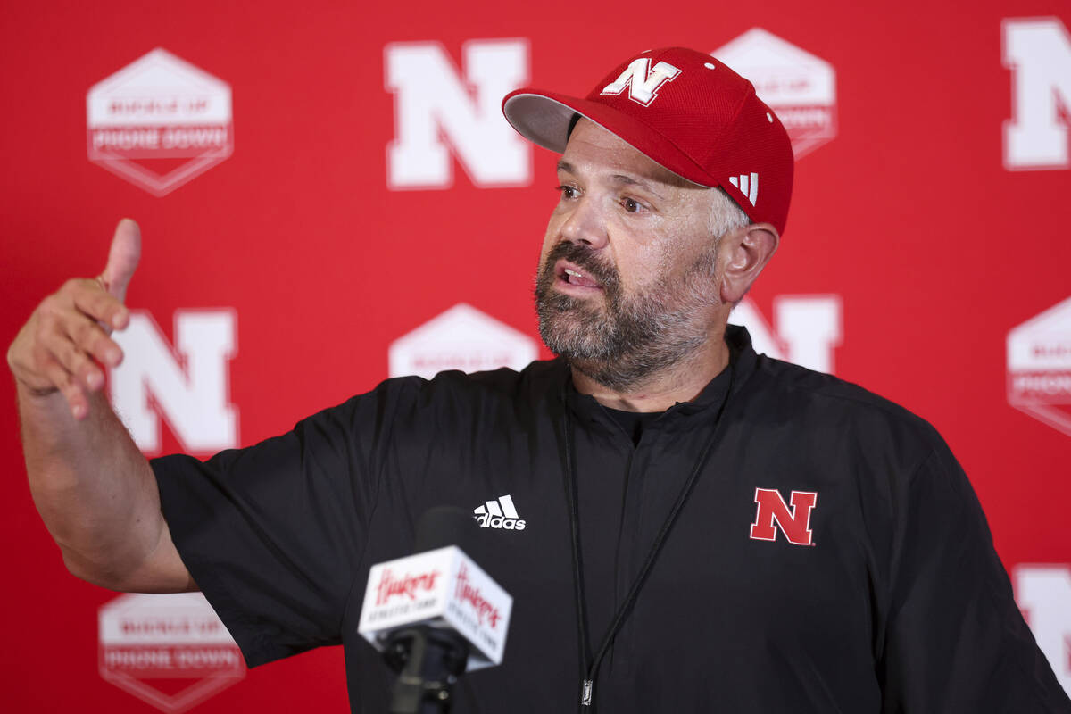 Nebraska football head coach Matt Rhule speaks during a news conference, Saturday, Aug. 12, 202 ...
