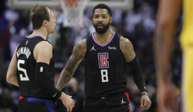LA Clippers forward Marcus Morris Sr. (8) celebrates with guard Luke Kennard (5) after making t ...