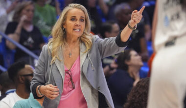 Las Vegas Aces head coach Becky Hammon gives direction from the sidelines during the second hal ...