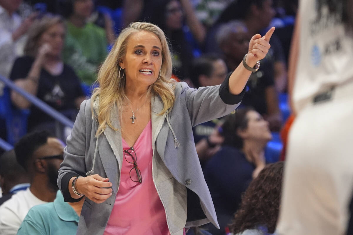 Las Vegas Aces head coach Becky Hammon gives direction from the sidelines during the second hal ...