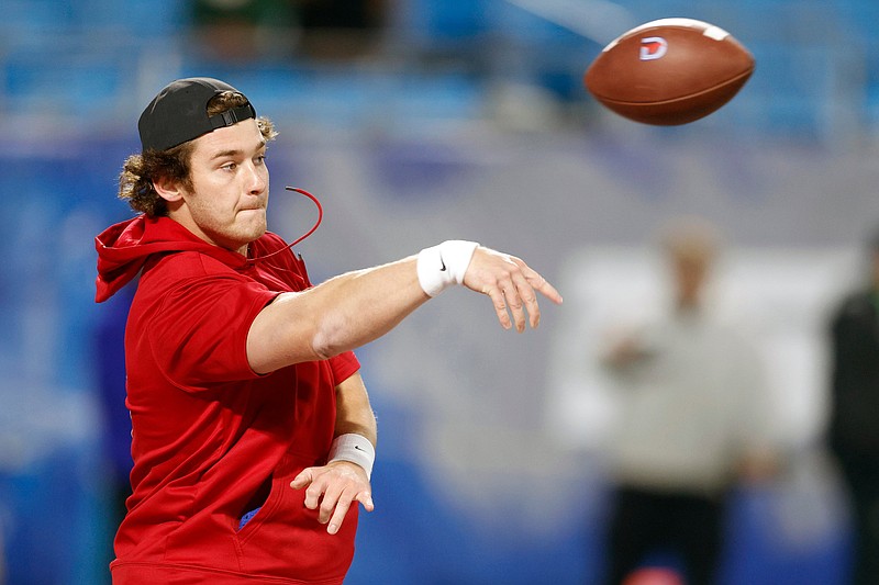 SMU quarterback Preston Stone throws a pass before the ACC championship game against Clemson, Saturday, Dec. 7, 2024, in Charlotte, North Carolina. (Elías Valverde II/The Dallas Morning News/TNS)