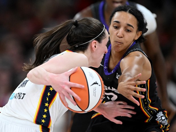 BOSTON, MASSACHUSETTS - JULY 15: Leila Lacan #47 of the Connecticut Sun defends against Caitlin Clark #22 of the Indiana Fever during the second half at the TD Garden on July 15, 2025 in Boston, Massachusetts. NOTE TO USER: User expressly acknowledges and agrees that, by downloading and/or using this Photograph, user is consenting to the terms and conditions of the Getty Images License Agreement. (Photo by Brian Fluharty/Getty Images)