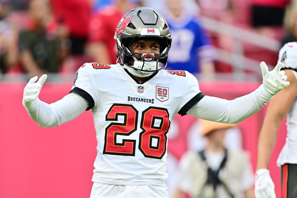  Shilo Sanders #28 of the Tampa Bay Buccaneers reacts prior to the NFL Preseason 2025 game between Buffalo Bills and Tampa Bay Buccaneers at Raymond James Stadium on August 23, 2025 in Tampa, Florida.