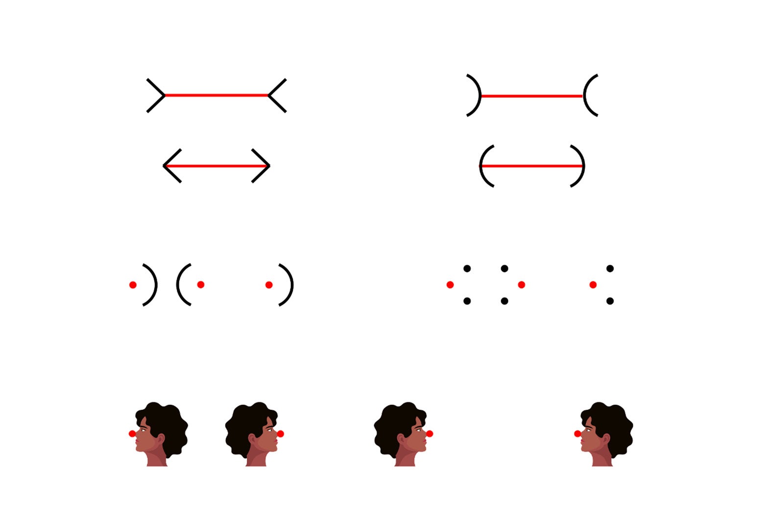 Straight lines of equal length but with half circles on the ends and cartoon faces facing out and facing in, with marks to show spacing. 