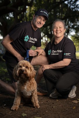 Richard Scolyer, Katie Nicoll and their dog Cha Cha out for a run ahead of the City2Surf.